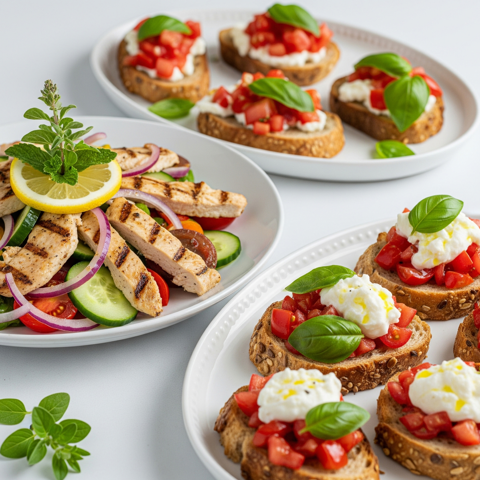 🥗 Ensalada Mediterránea de Pollo a la Plancha con Bruschettas de Burrata y Tomate