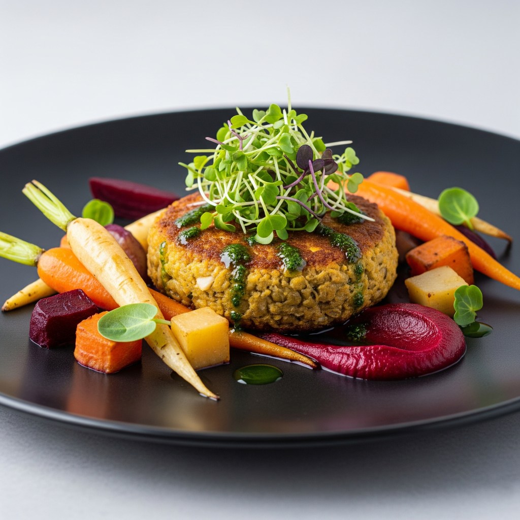 🌿 Hamburguesa de Lentejas con Verduras Asadas, Puré de Remolacha y Aceite de&nbsp;Hierbas
