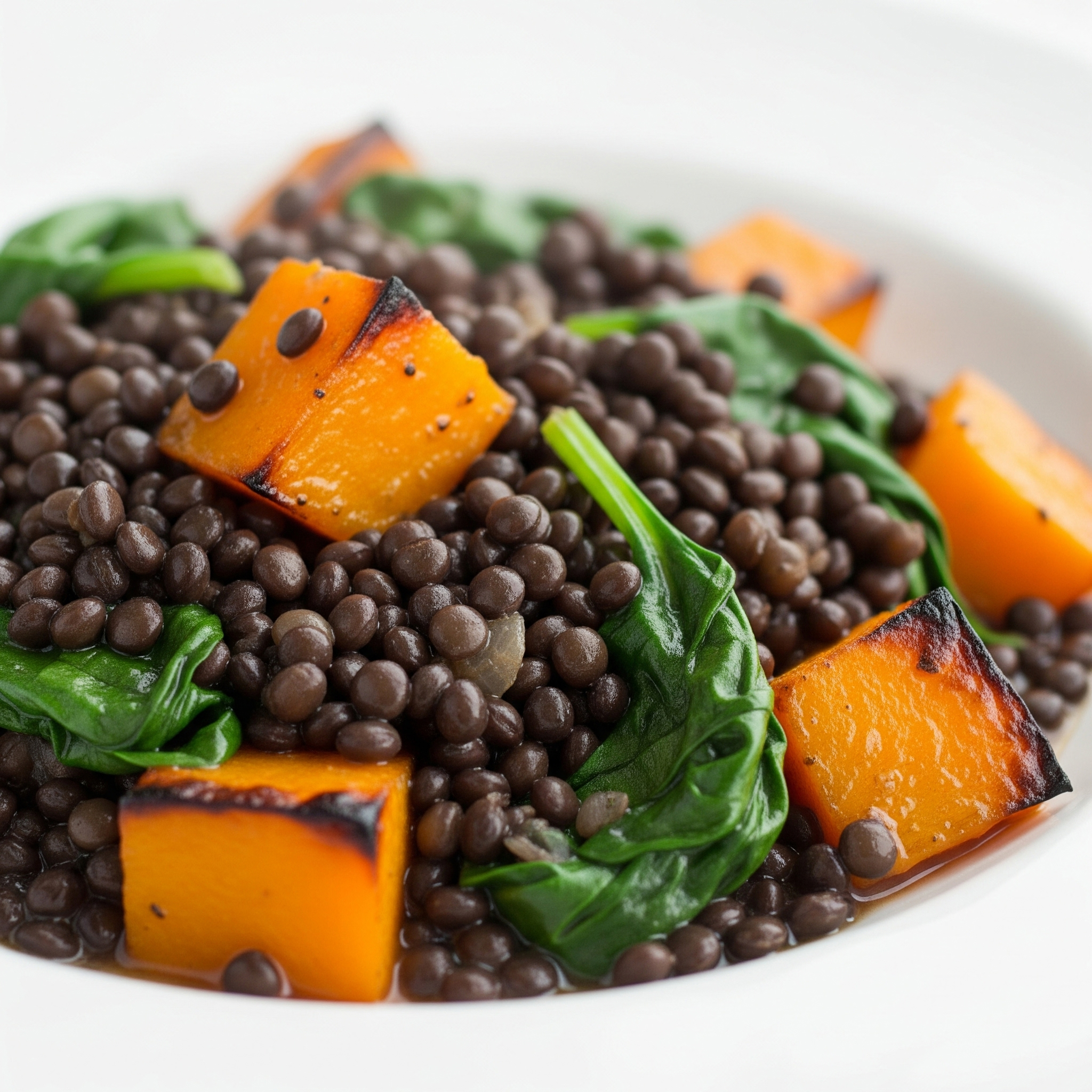 🌿 Lentejas Beluga Estofadas con Calabaza y Espinacas: Nutrición y Sabor en un Solo Plato