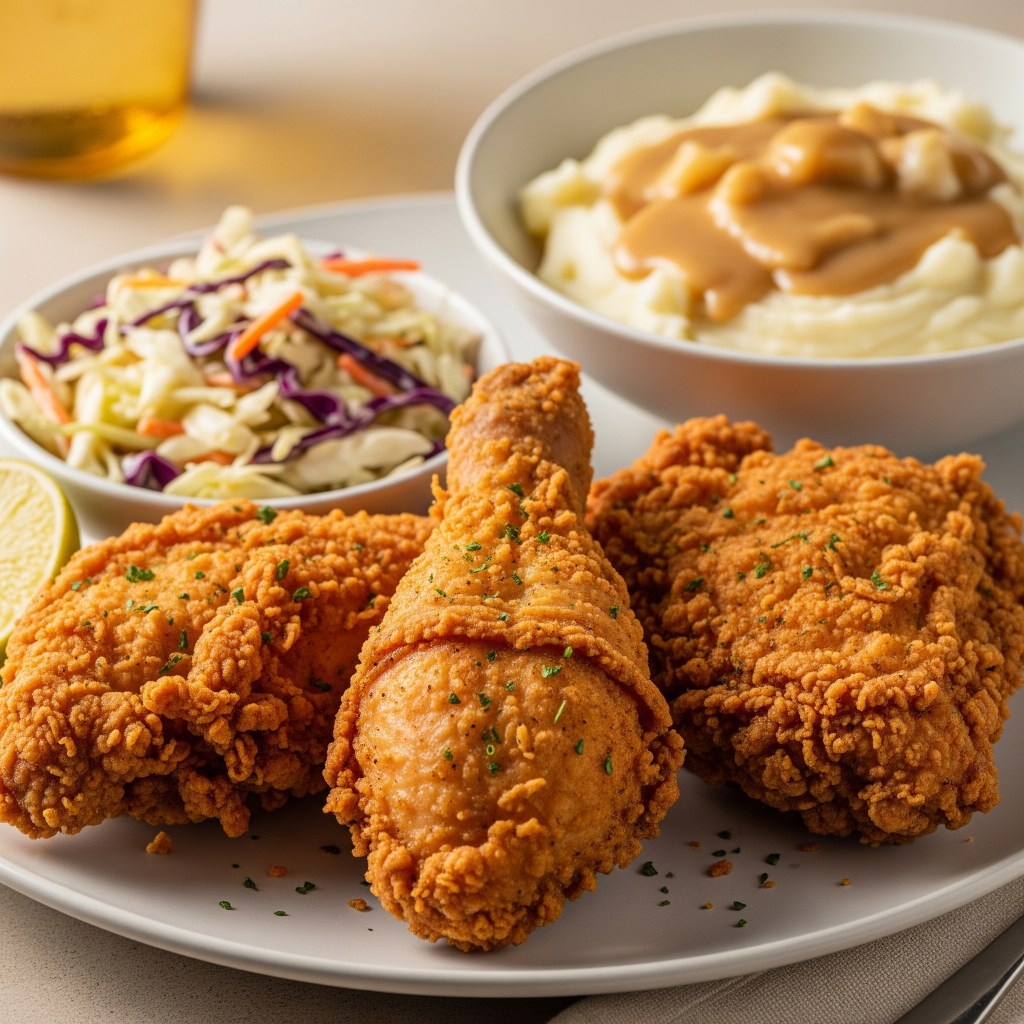 🍗 Pollo Frito Estilo Kentucky con Puré Cremoso y Ensalada de Col Fresca