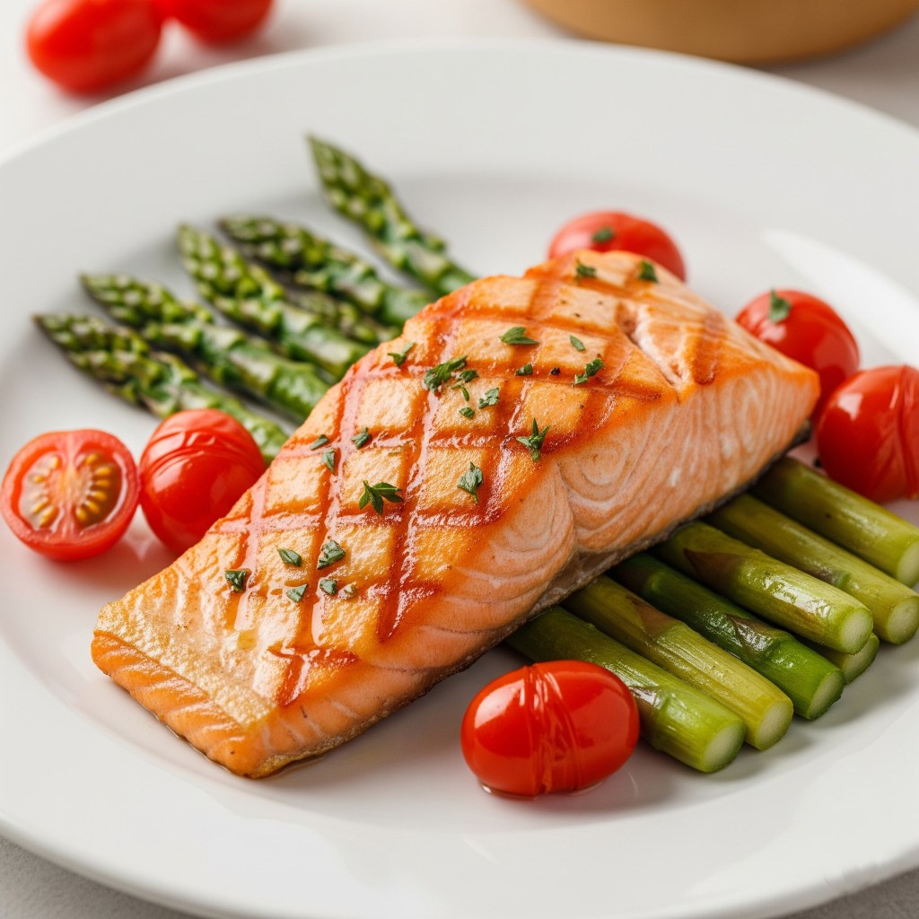 🍽️ Salmón al Grill con Espárragos y Tomates Cherry Asados