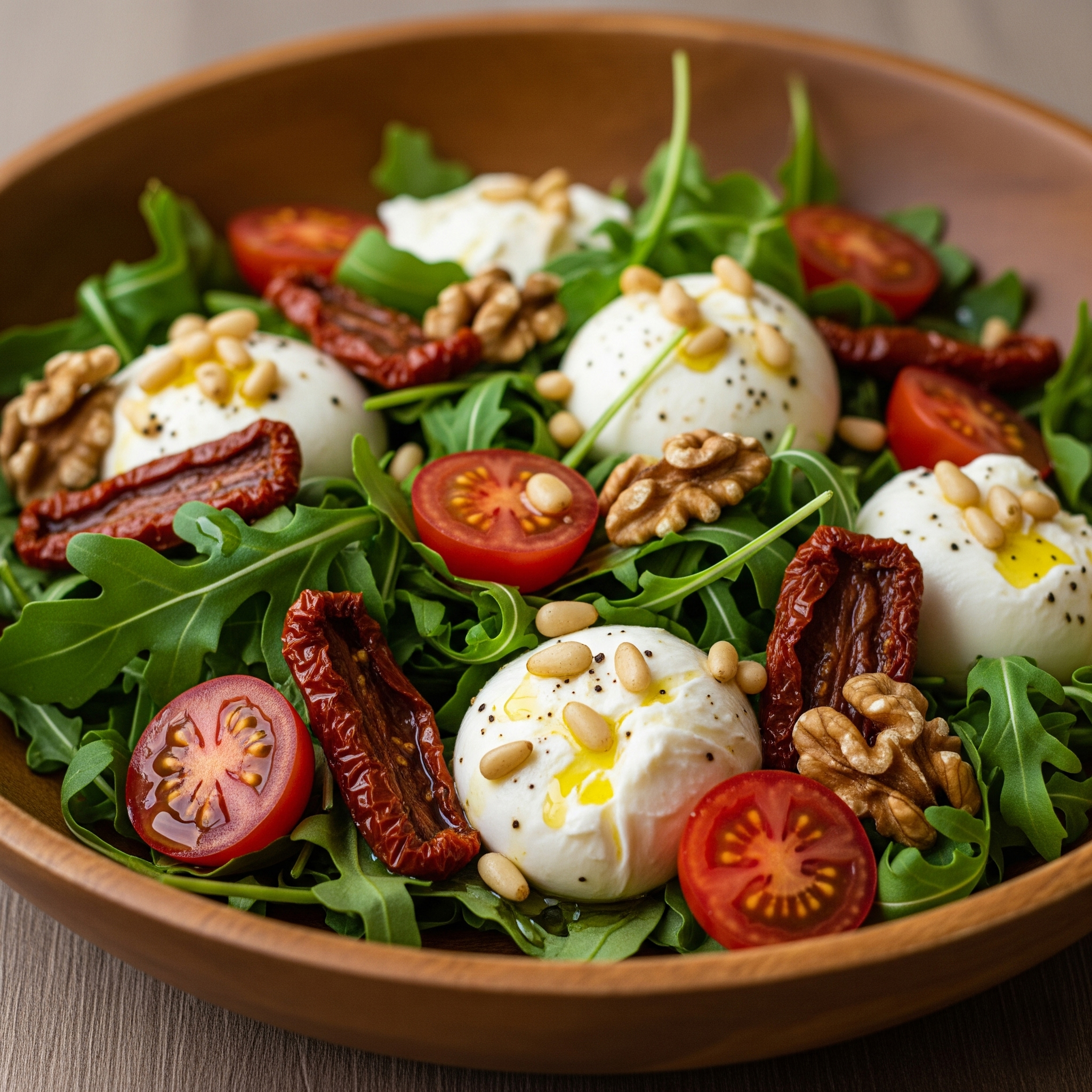🥗 Ensalada Mediterránea de Burrata con Rúcula, Tomates y Frutos Secos