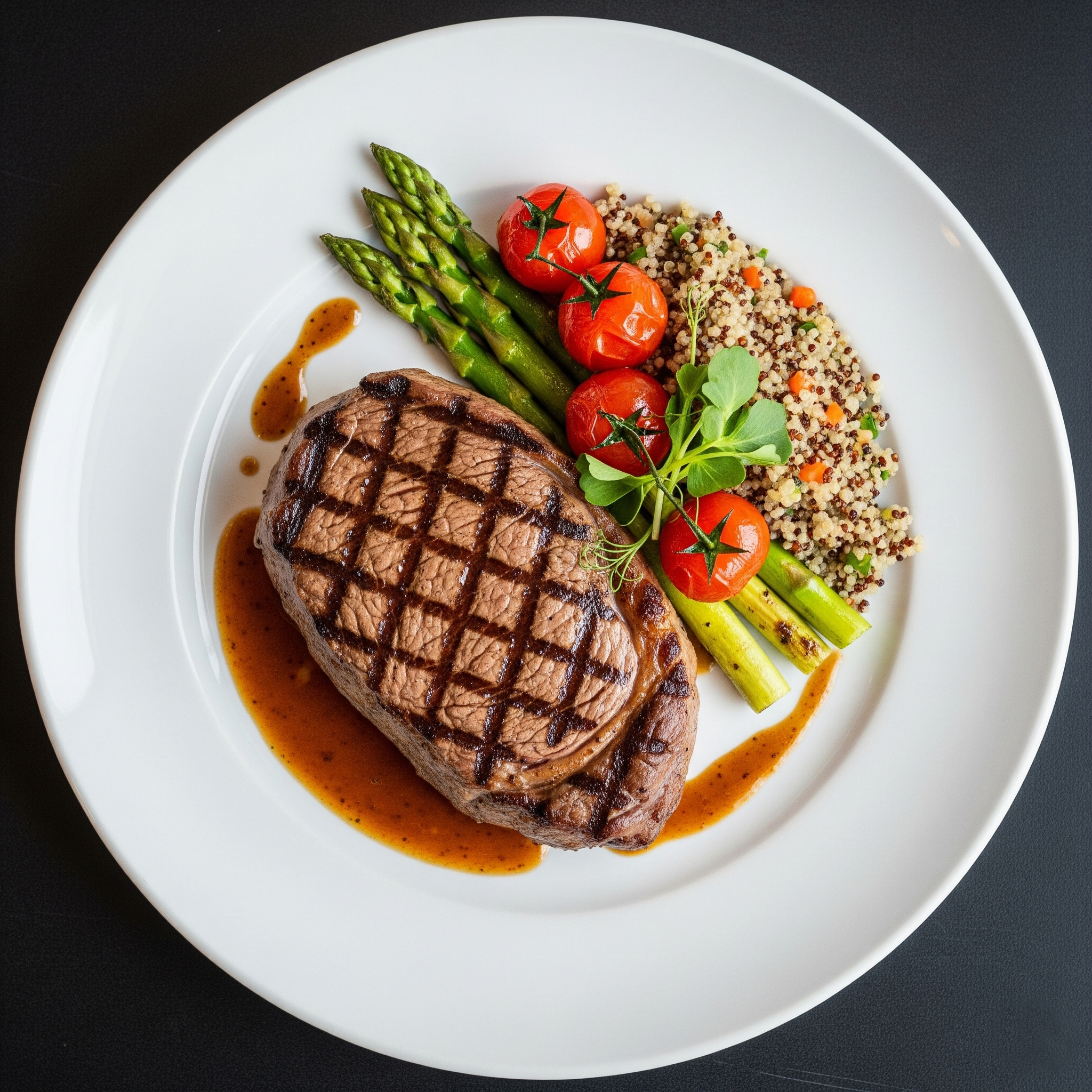 🥩 Entrecot a la Parrilla con Reducción de Oporto y Guarnición de Quinoa y Espárragos