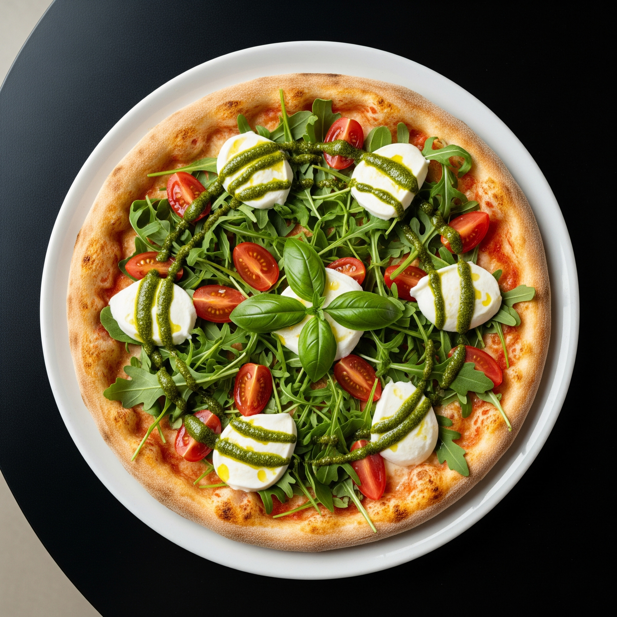 🍕 Pizza de Tomate Cherry, Rúcula y Mozzarella de Búfala con Pesto Fresco