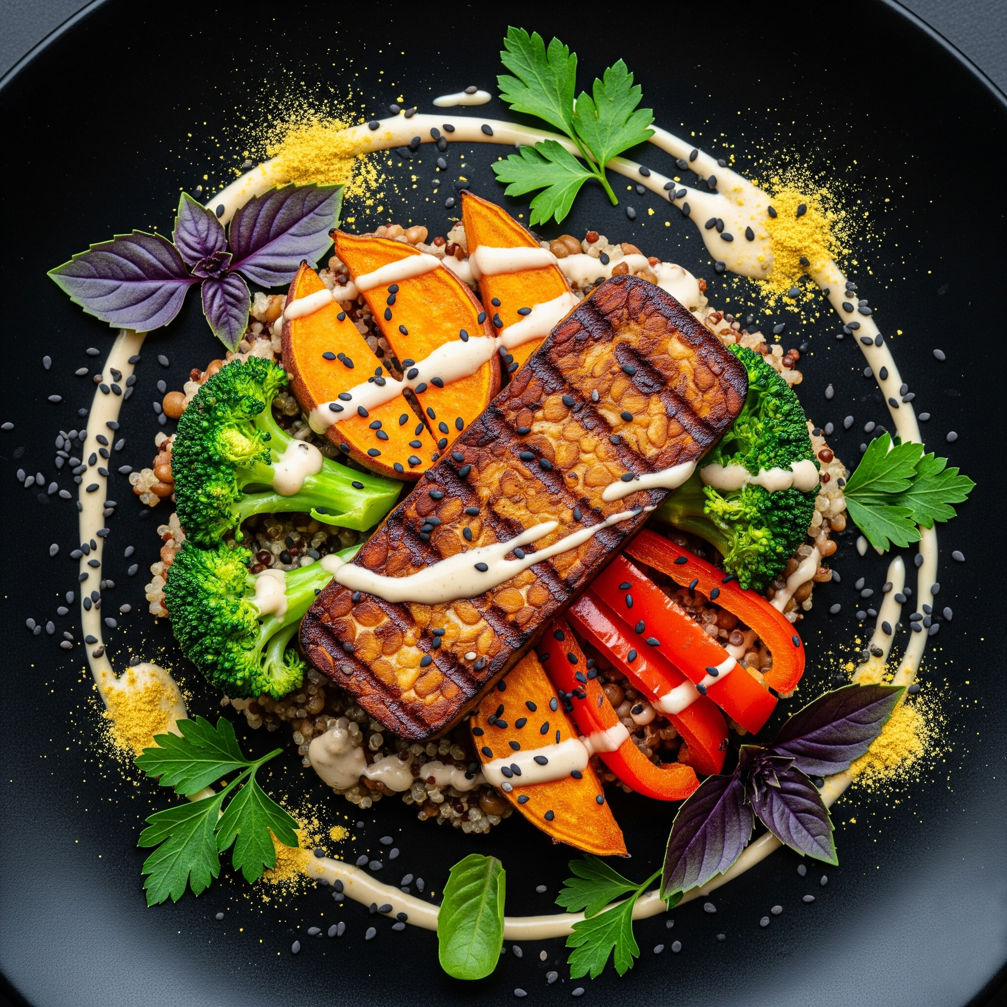 🌶️ Quinoa con Tempeh Glaseado, Verduras Asadas y Aderezo Cremoso de Anacardos y Tahini