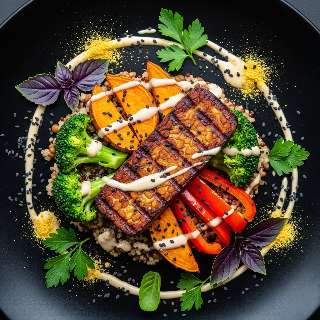 🌶️ Quinoa con Tempeh Glaseado, Verduras Asadas y Aderezo Cremoso de Anacardos y&nbsp;Tahini