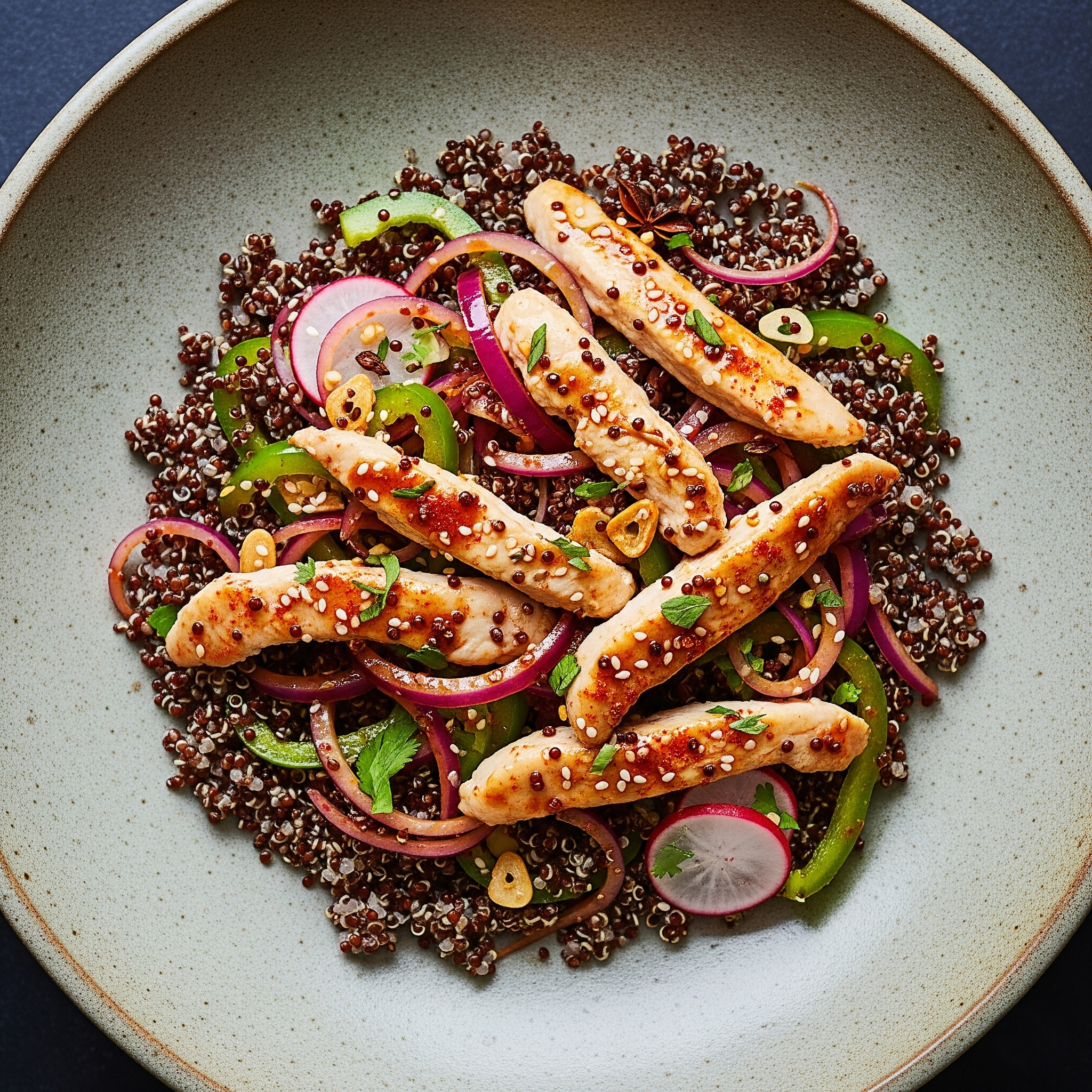 🍗 Wok de Pollo, Quinoa Roja y Vegetales Crujientes al Estilo Oriental