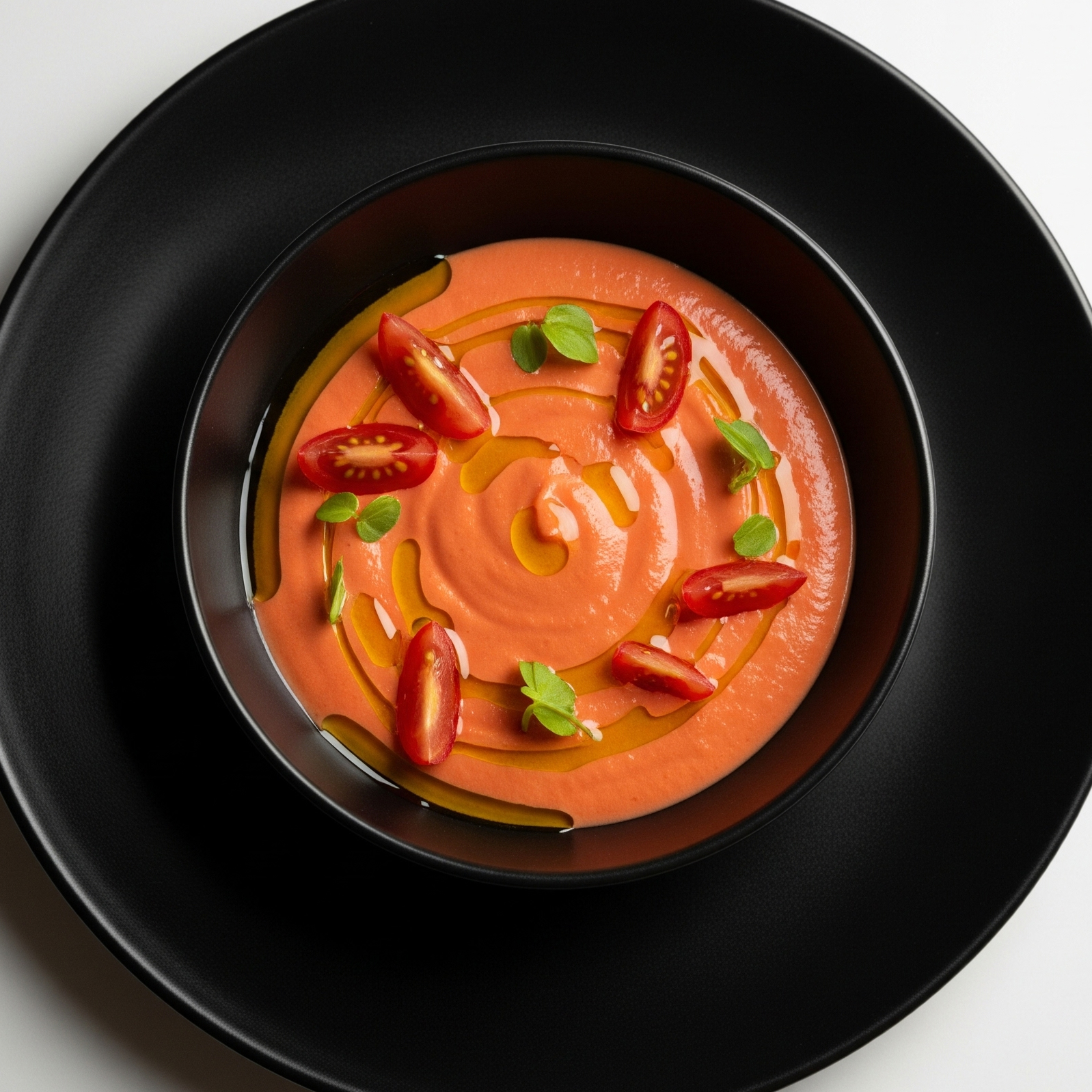 🍅 Salmorejo de Tomate Pera Asado con Crujiente de Pan al Romero y Aceite de Albahaca