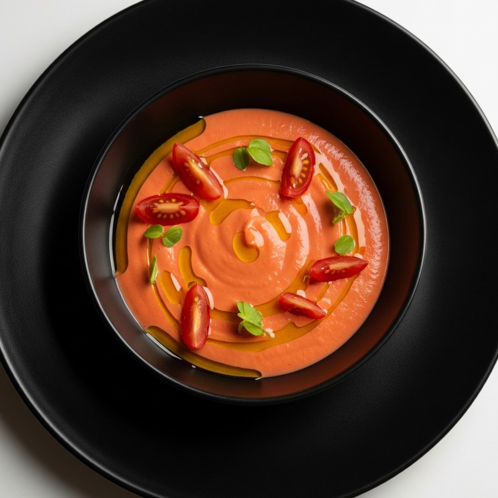 🍅 Salmorejo de Tomate Pera Asado con Crujiente de Pan al Romero y Aceite de&nbsp;Albahaca