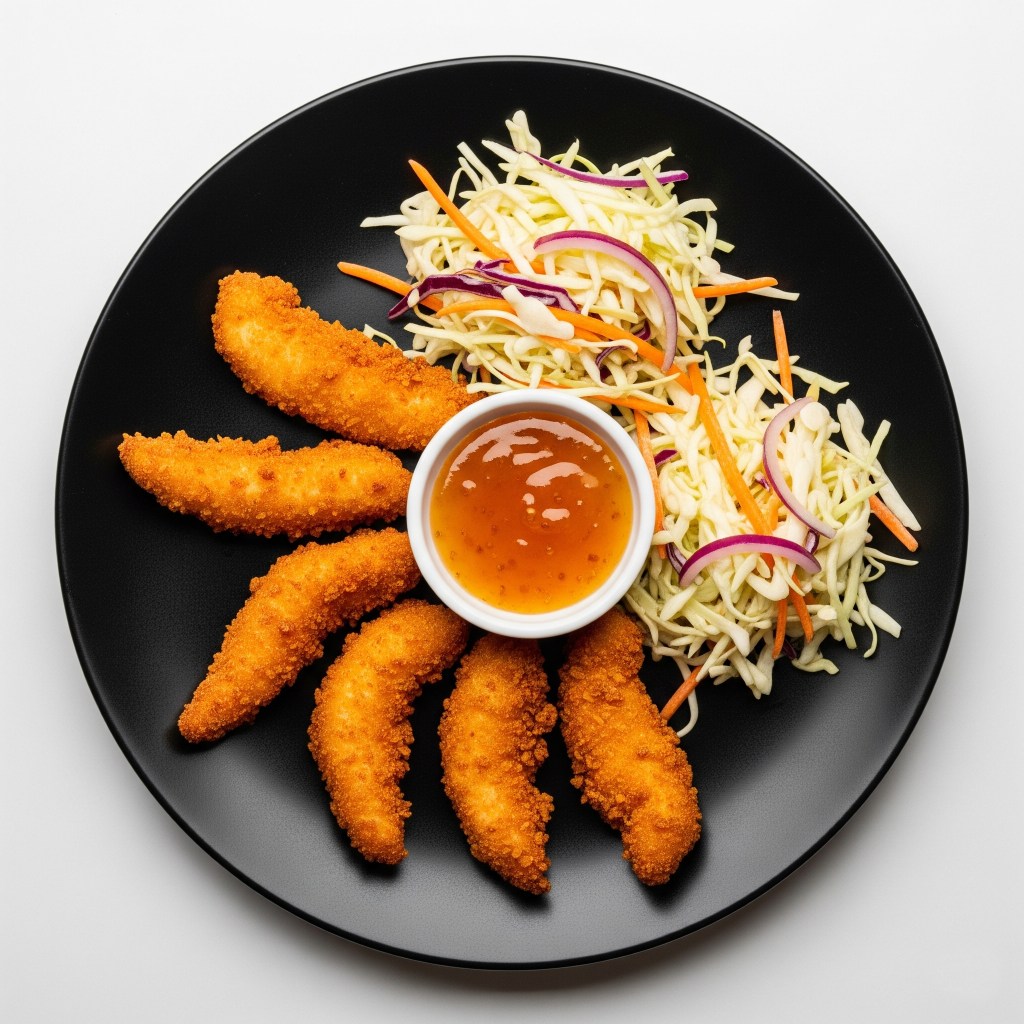 🍯 Tiras de Pollo Crujientes con Salsa de Miel y Mostaza Casera, y Ensalada Coleslaw Fresca