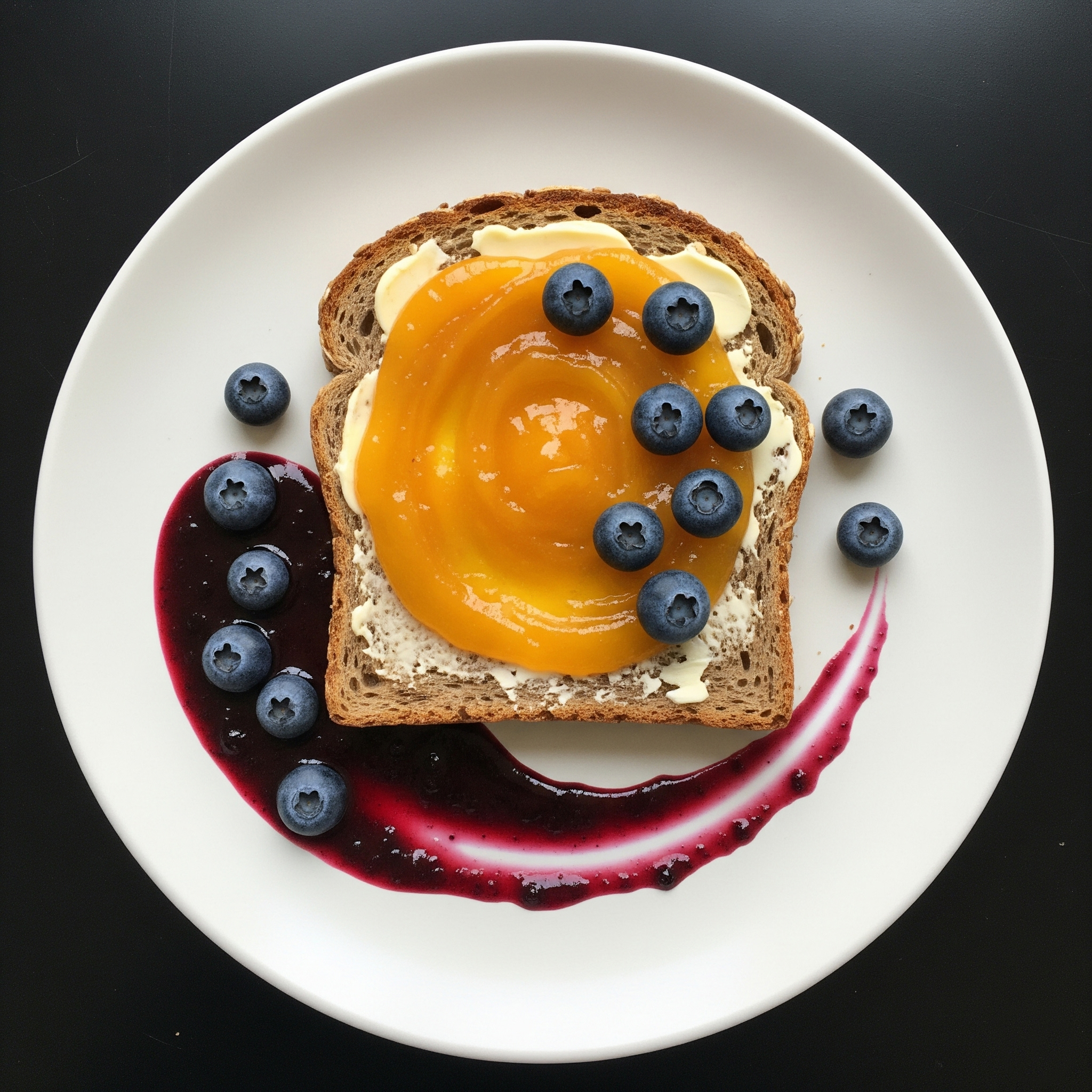 🍞 Tostada de Pan de Semillas con Mantequilla, Mermelada de Mango y Coulis de Arándanos