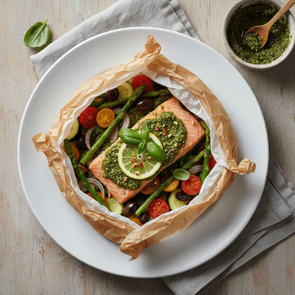🐟 Salmón Mediterráneo en Papillote con Verduras y Pesto Casero: Receta Nutricional y Aromática