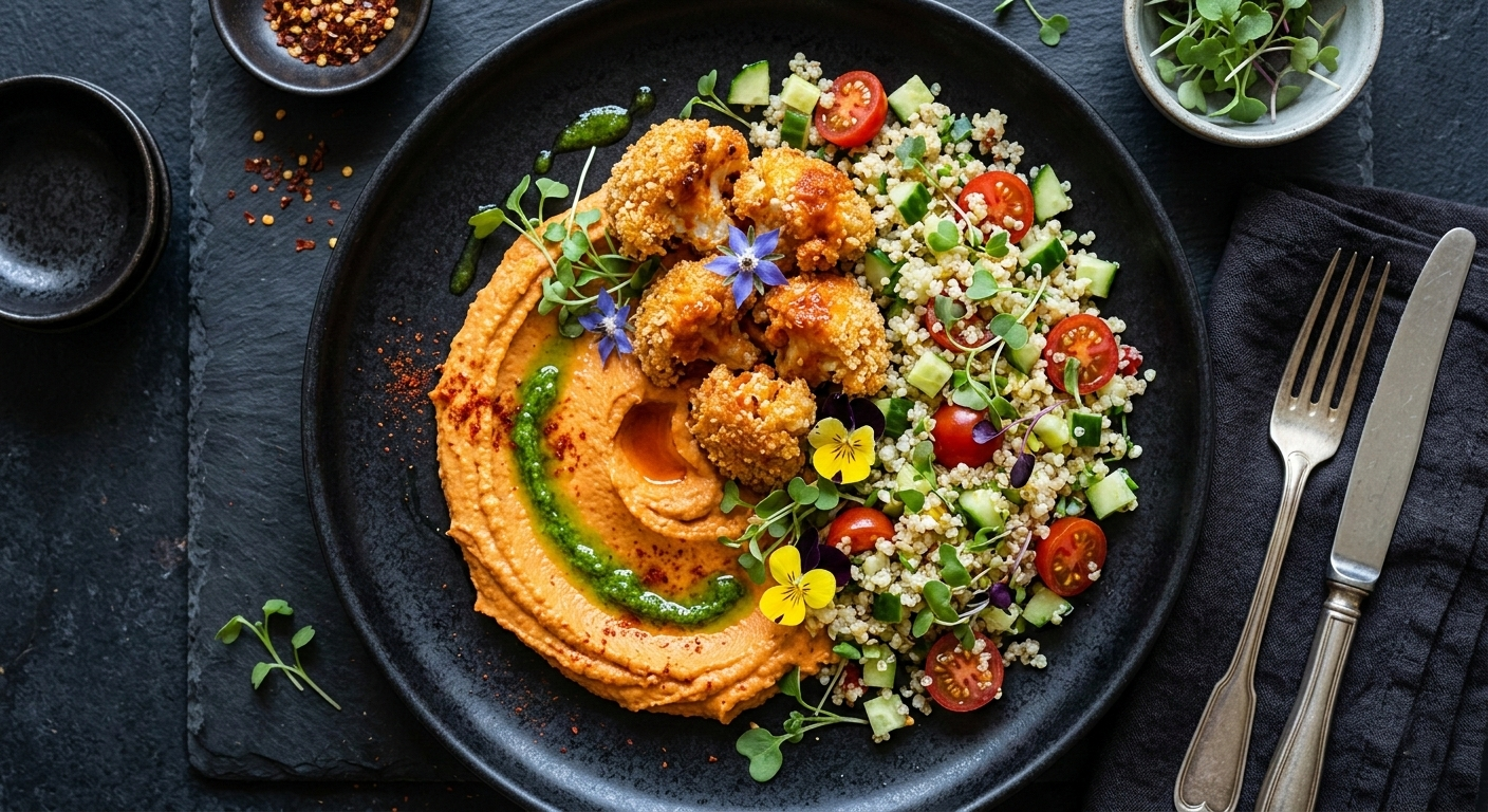 👨‍🍳 Coliflor al Estilo «Buffalo» en Airfryer con Hummus de Pimentón y Ensalada de Quinoa Crujiente